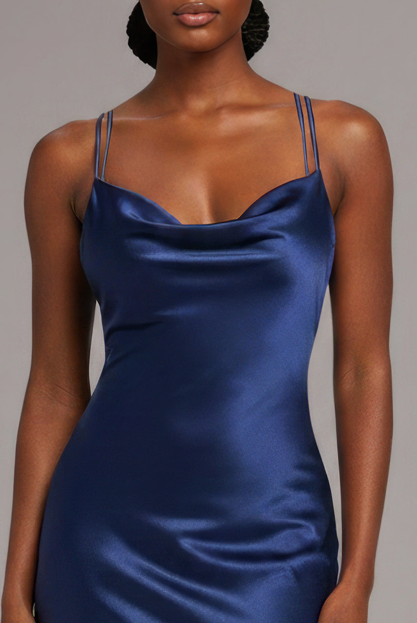 Cowl Neck With Strappy Back Satin Maxi - Navy DR2113