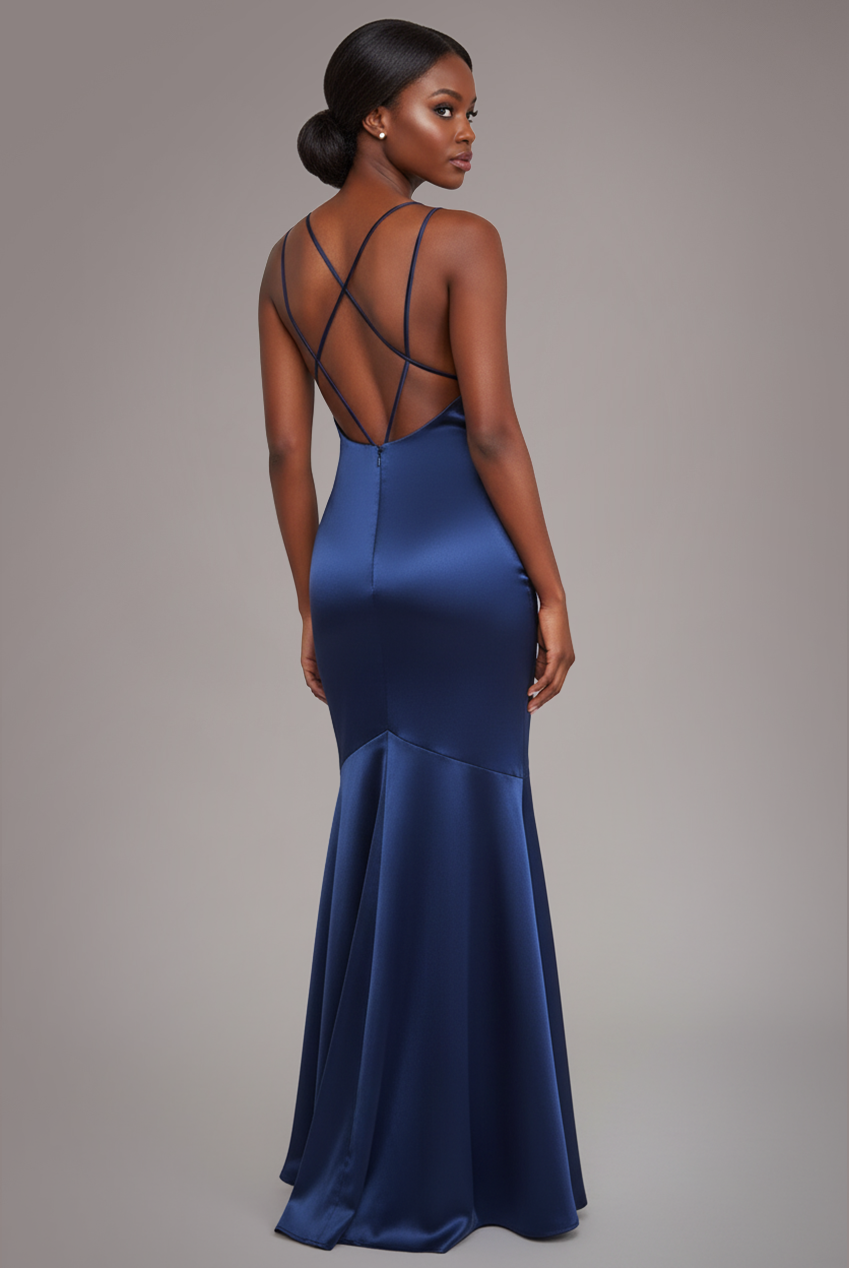 Cowl Neck With Strappy Back Satin Maxi - Navy DR2113