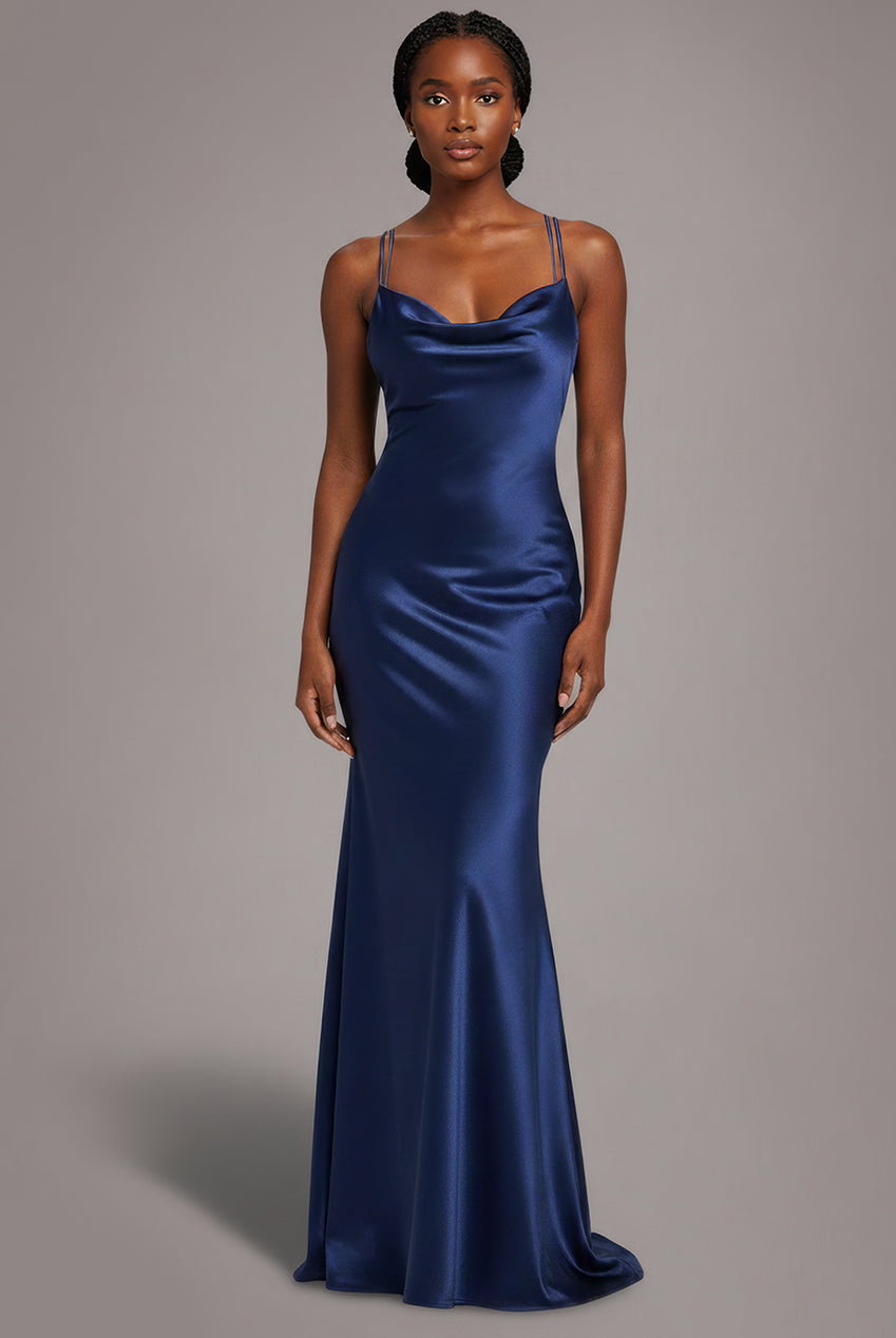 Cowl Neck With Strappy Back Satin Maxi - Navy DR2113