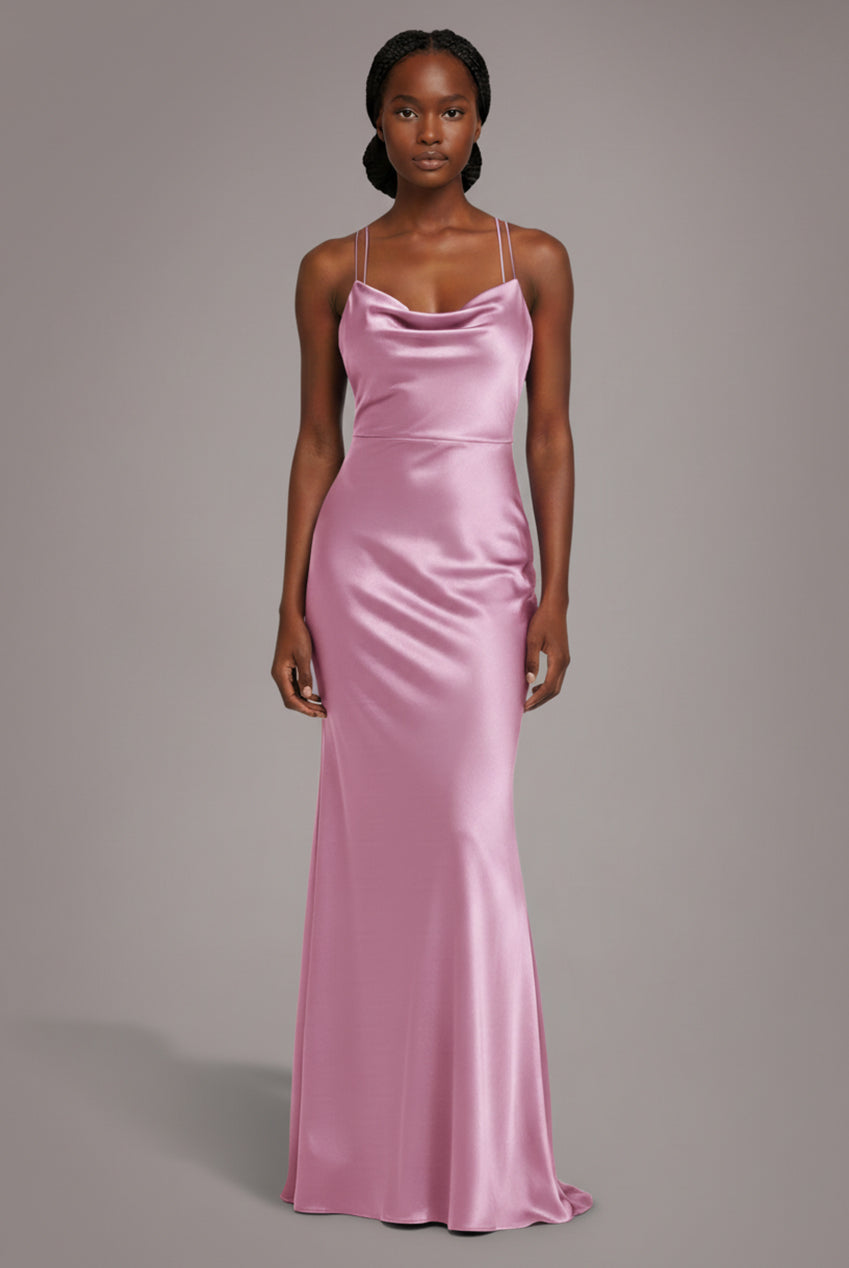 Satin Cowl Neck With Strappy Back Maxi - Pink DR2113QZ