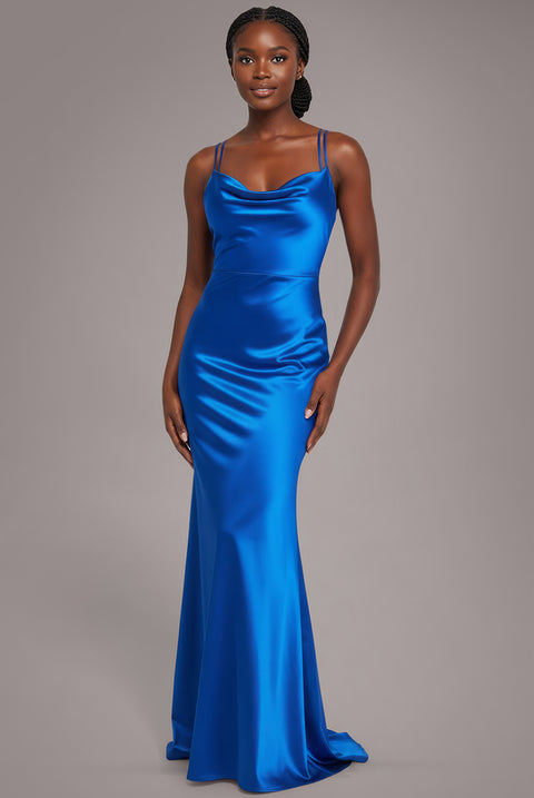 Cowl Neck With Strappy Back Satin Maxi - Royal Blue by Goddiva
