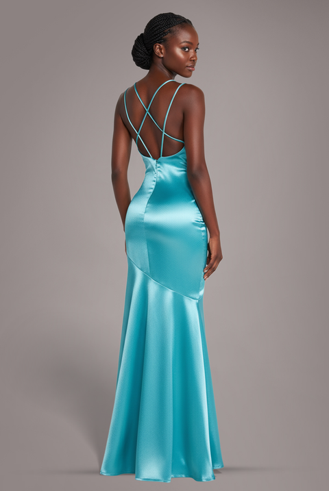 Satin Cowl Neck With Strappy Back Maxi - Aqua by Goddiva
