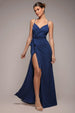 Wrap Style Spaghetti Strap Maxi With Split - Navy by Goddiva
