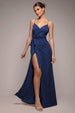 Wrap Style Spaghetti Strap Maxi With Split - Navy by Goddiva