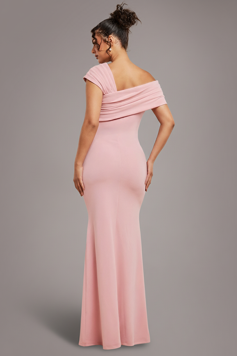 One Shoulder Scuba Crepe Evening Maxi Dress - Blush Pink DR3231
