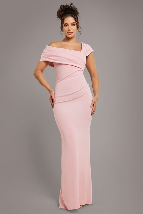 One Shoulder Scuba Crepe Evening Maxi Dress - Blush Pink by Goddiva