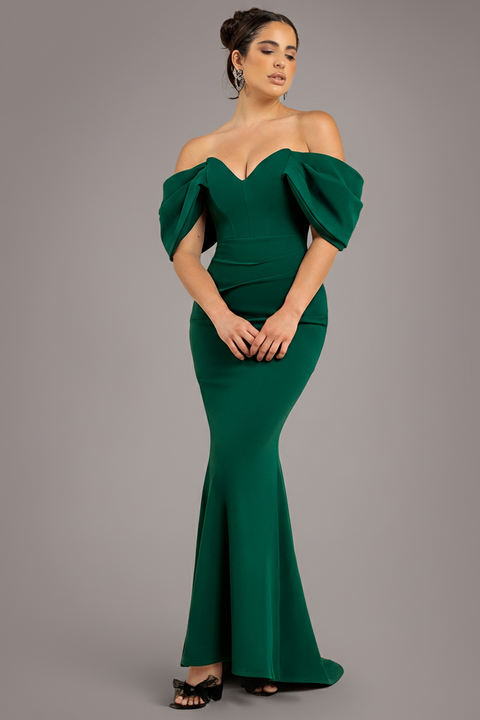Off The Shoulder Draped Sleeve Maxi Dress - Emerald Green by Goddiva