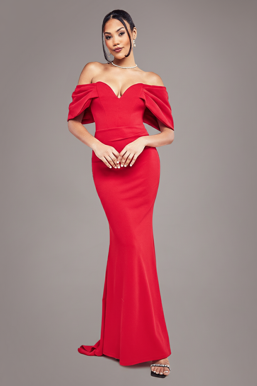 Off The Shoulder Draped Sleeve Maxi Dress - Red DR3259