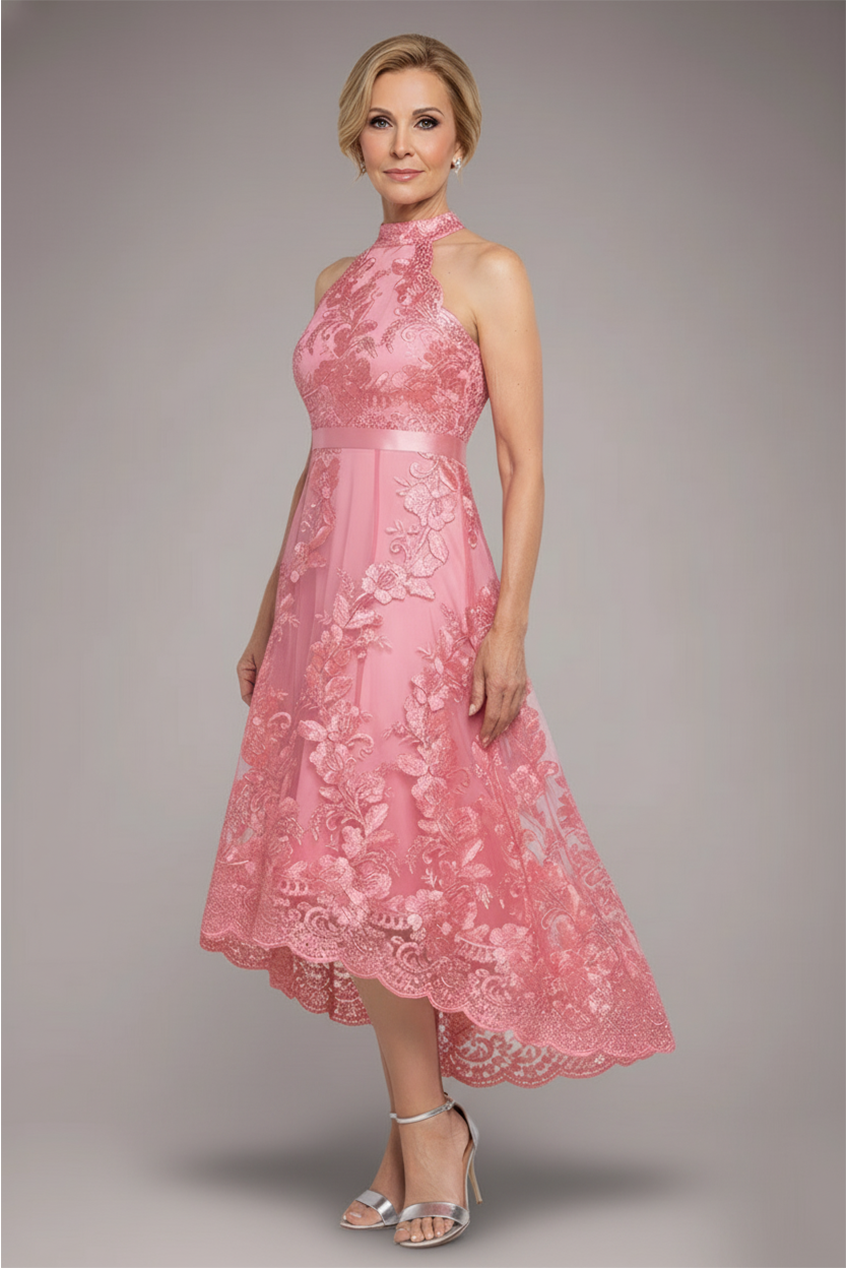 Halter Neck Lace High And Low Dress - Coral DR3346M