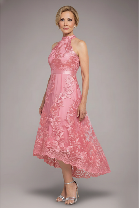 Halter Neck Lace High And Low Dress - Coral by Goddiva