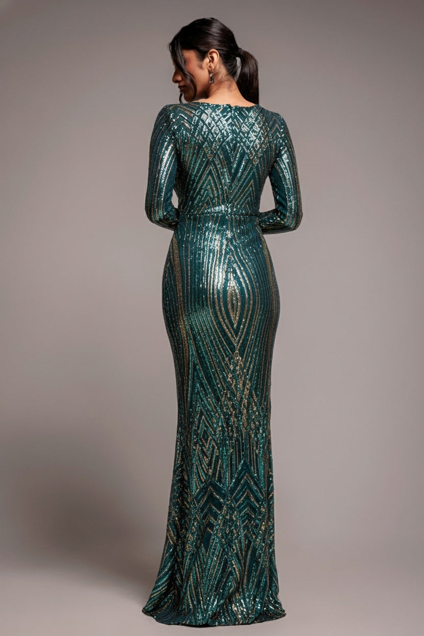 Two Toned V Neck Sequin Maxi - Emerald Green DR3494