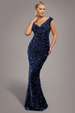 Multi Sequin & Velvet Bardot Maxi Dress - Navy Blue by Goddiva