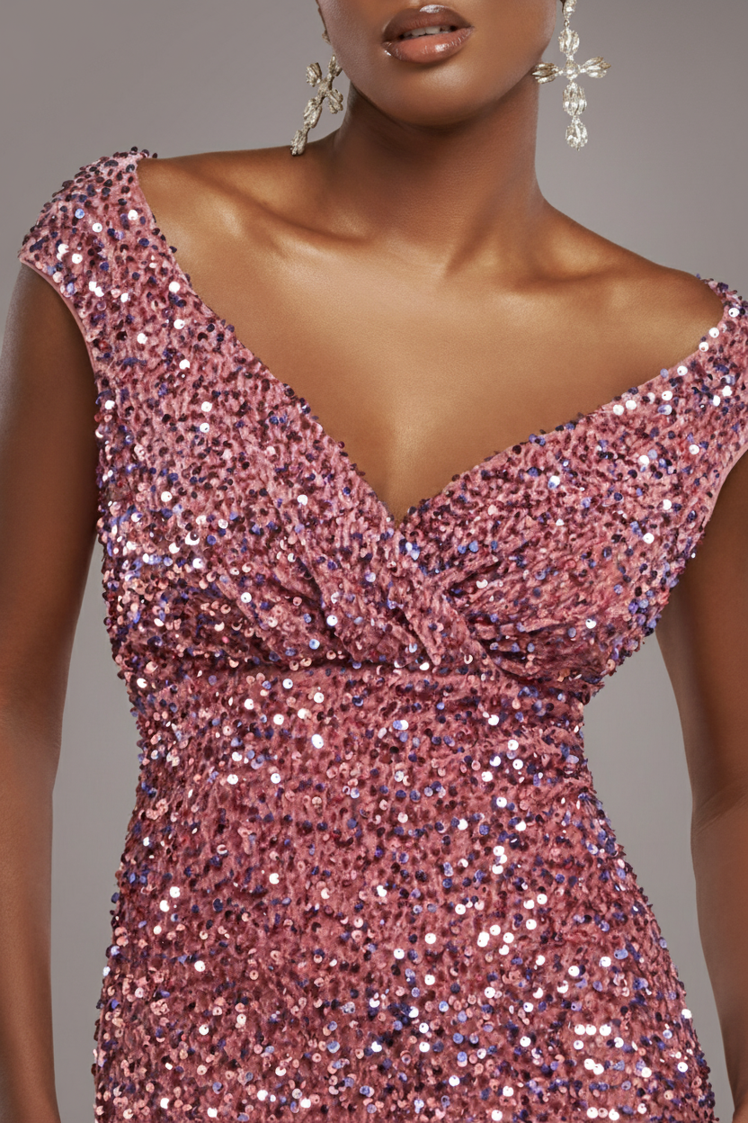 Multi Sequin & Velvet Bardot Maxi Dress - Blush Pink DR3512