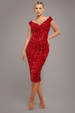 Multi Sequin & Velvet Bardot Midi Dress - Red by Goddiva
