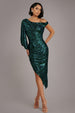 One Shoulder Asymmetric Midi Dress - Emerald Green by Goddiva