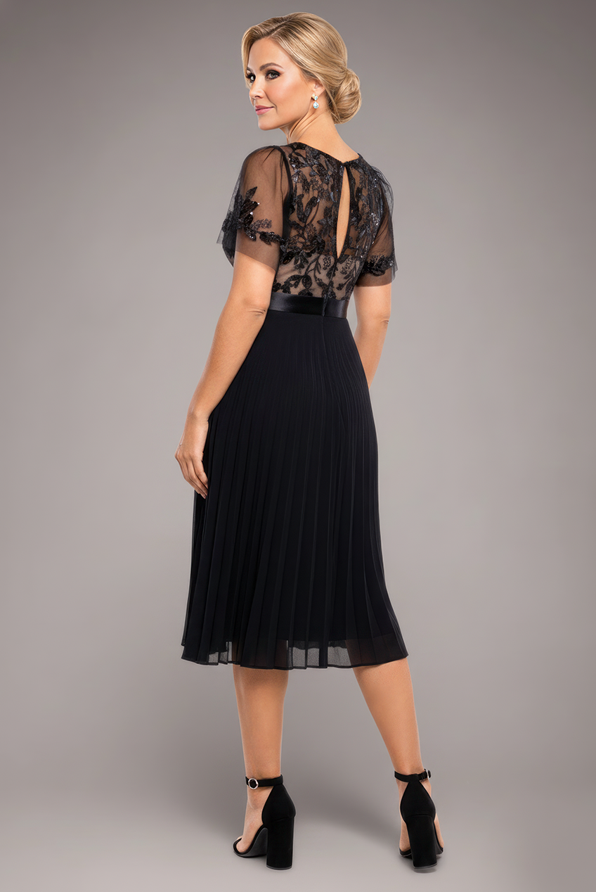 Embroidered Top Chiffon Pleated Midi - Black DR3802M