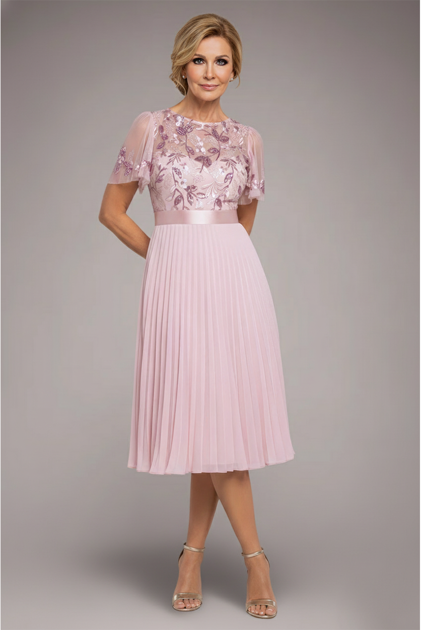 Embroidered Top Chiffon Pleated Midi - Blush Pink DR3802M