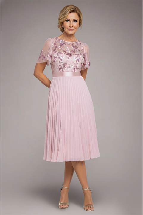 Embroidered Top Chiffon Pleated Midi - Blush Pink by Goddiva