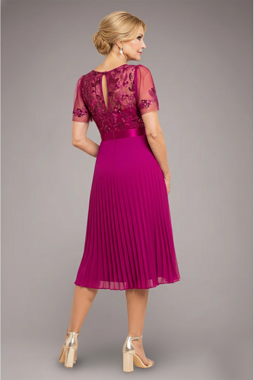 Embroidered Top Chiffon Pleated Midi - Magenta DR3802M