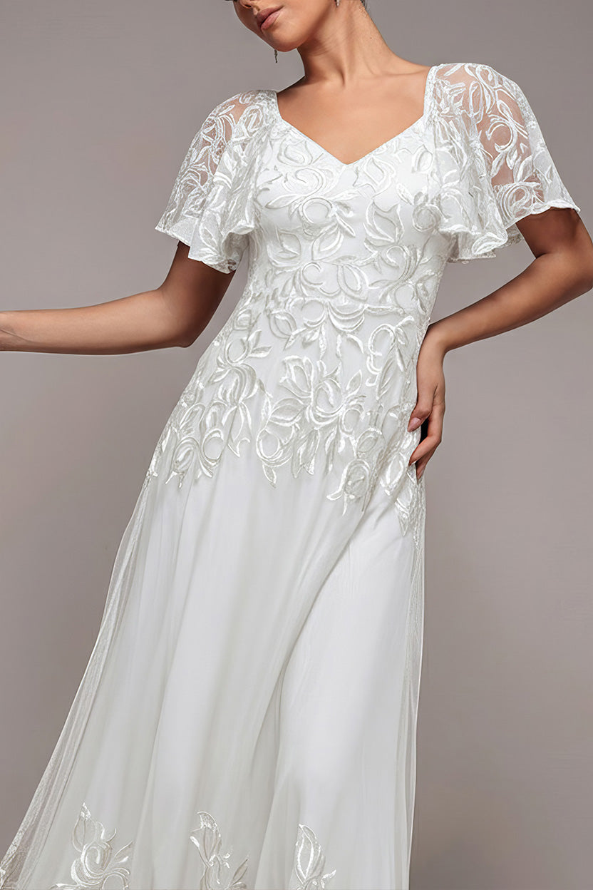 Lace Flutter Sleeve Embroidered Mesh A Line Maxi Dress - White DR3942