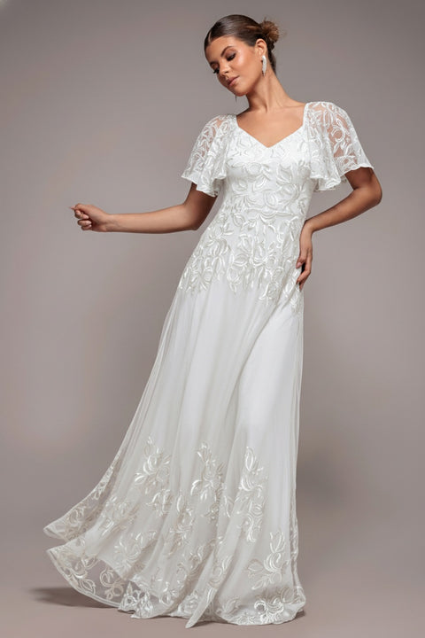 Lace Flutter Sleeve Embroidered Mesh A Line Maxi Dress - White by Goddiva