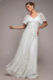 Lace Flutter Sleeve Embroidered Mesh A Line Maxi Dress - White by Goddiva