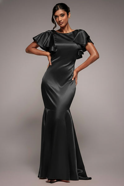 Black - Satin Flutter Sleeve Mermaid Maxi - Black by Goddiva