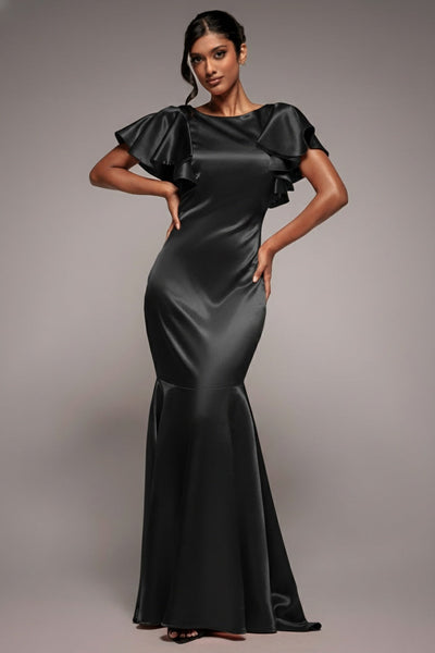 Satin Flutter Sleeve Mermaid Maxi - Black by Goddiva