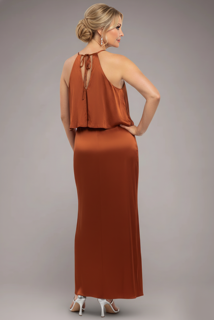 Satin Viscose Front Wrap Midaxi Dress - Brown DR4002M