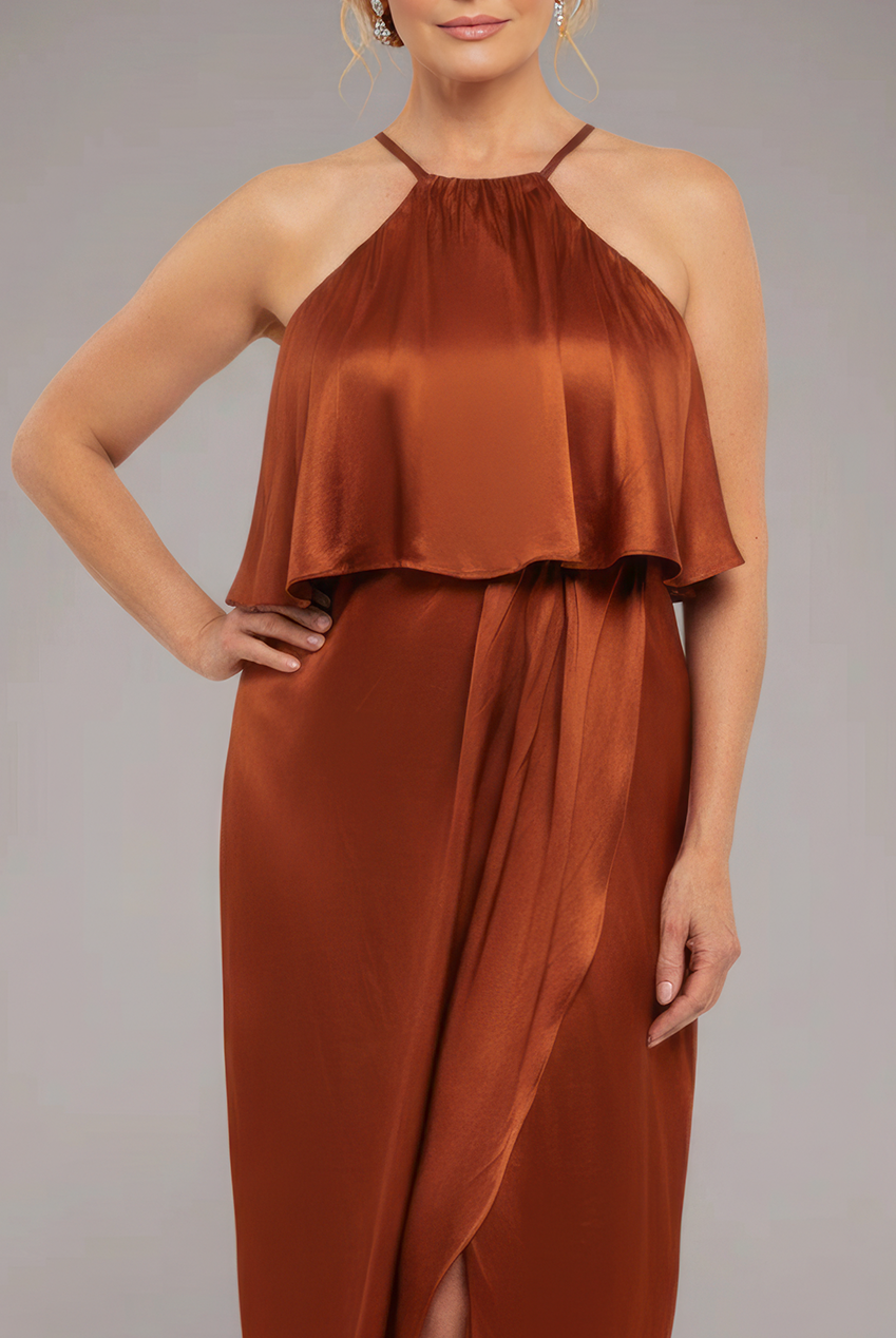 Satin Viscose Front Wrap Midaxi Dress - Brown DR4002M