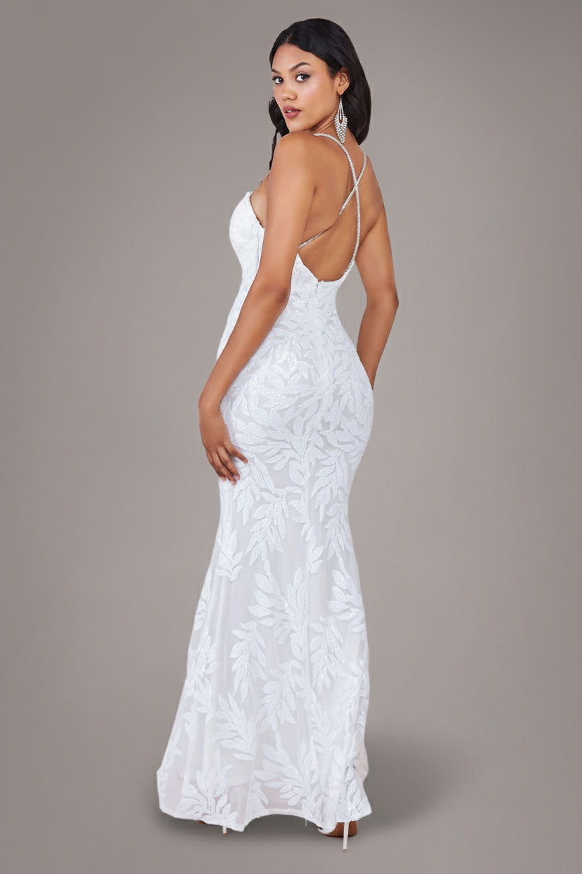 Cross Back Diamante Strap Sequin Maxi - White DR4009