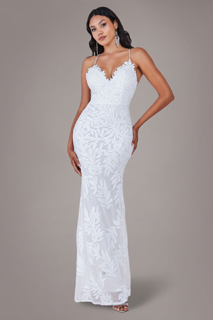 Cross Back Diamante Strap Sequin Maxi - White DR4009