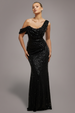 Sequin Cowl One Shoulder Maxi Dress - Black by Goddiva