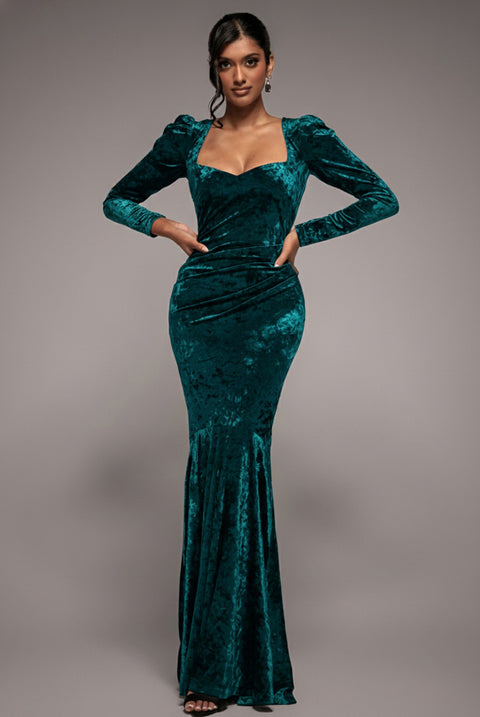 Flared Hem Ice Velvet Maxi - Emerald Green by Goddiva