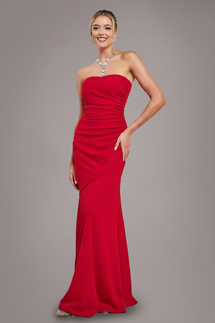 Scuba Crepe Bandeau Maxi With Diamante Necklace - Red DR4271
