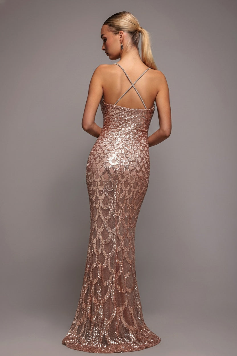 Diamante Strap Fish Scale Sequin Maxi Dress - Champagne DR4276