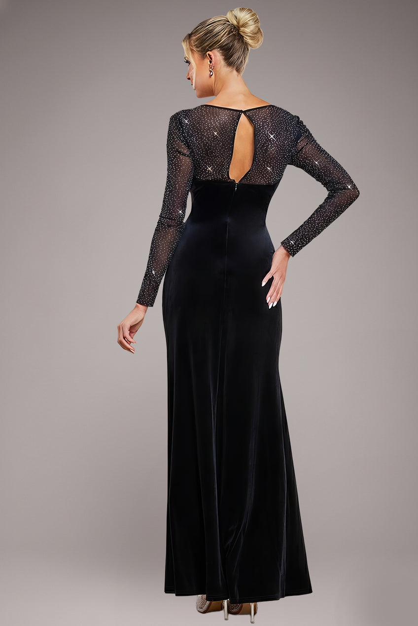 Hotfix Diamante Sleeve Front Split Velvet Maxi Dress - Black DR4383