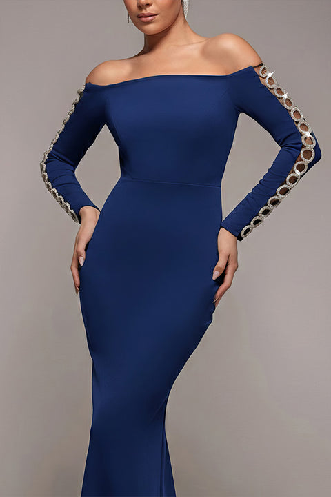 Embellished Diamante Sleeve Bardot Maxi Dress - Navy by Goddiva
