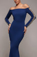 Embellished Diamante Sleeve Bardot Maxi Dress - Navy by Goddiva