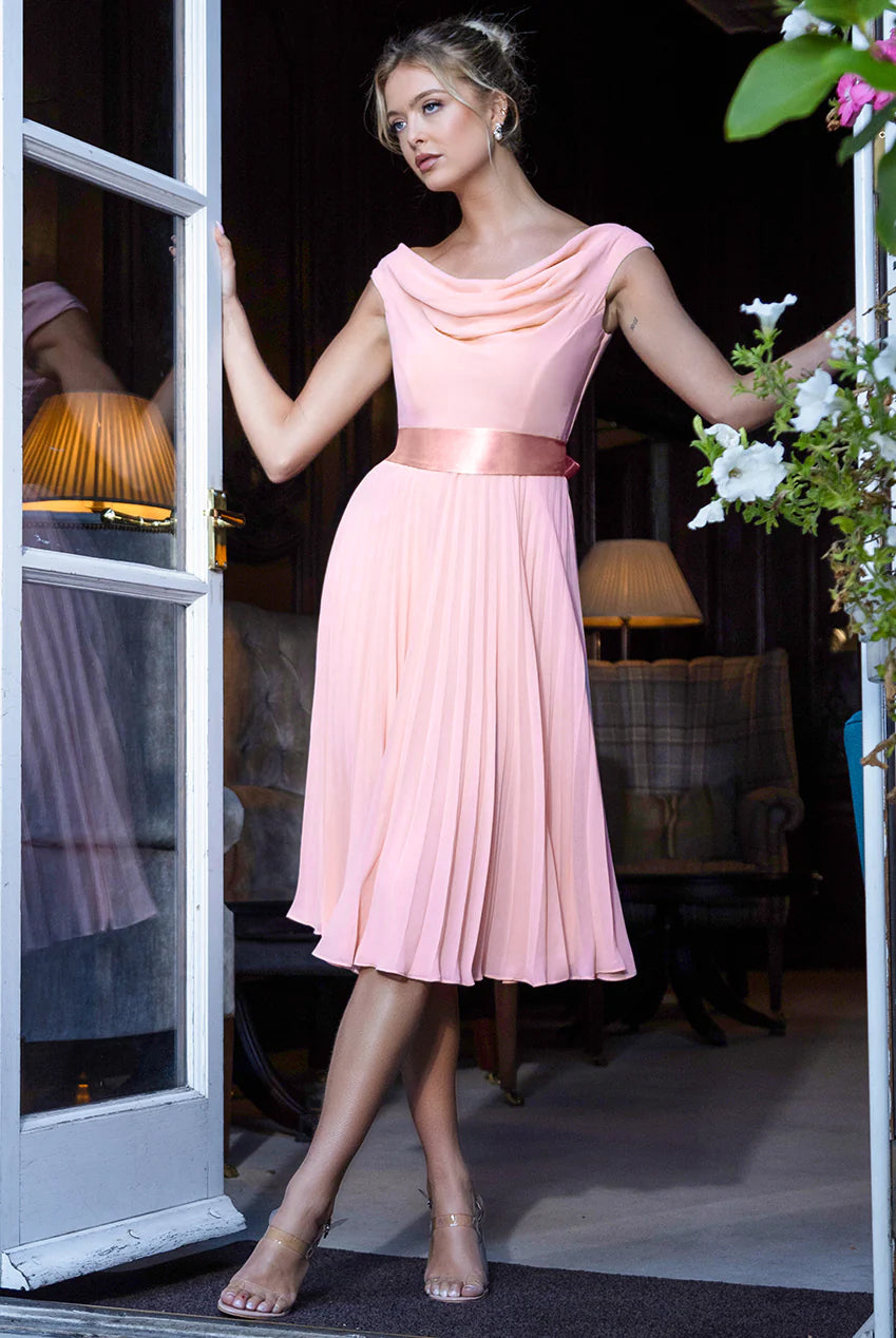 Cowl Neck Pleated A-Line Chiffon Midi Dress - Blush Pink DR4501