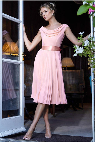 Blush - Cowl Neck Pleated A-Line Chiffon Midi Dress - Blush Pink by Goddiva