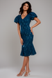Sequin Lace Puff Sleeve Fit & Flare Midi Dress - Teal Blue by Goddiva