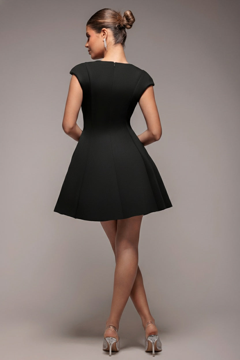 Cap Sleeve Plunging V-Neckline Skater Mini Dress - Black DR4539