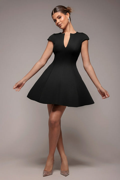 Cap Sleeve Plunging V-Neckline Skater Mini Dress - Black by Goddiva