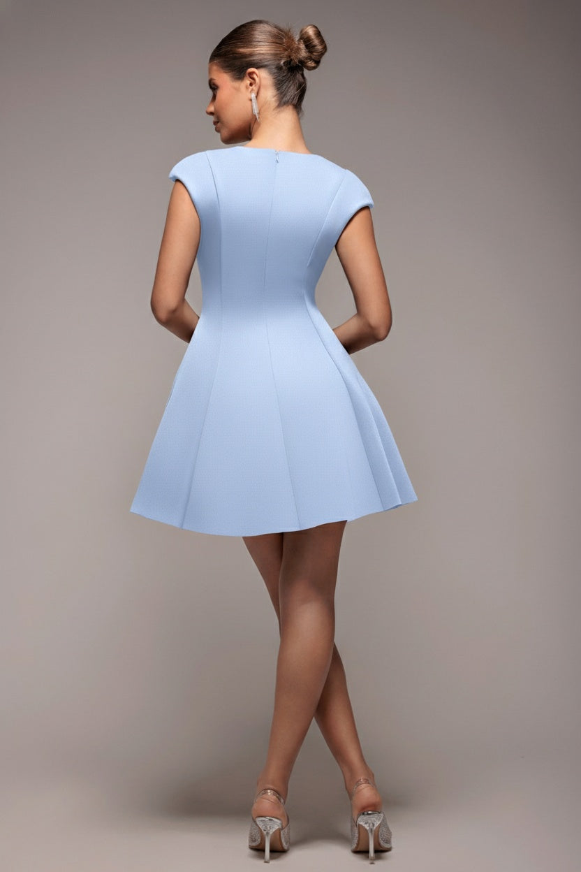 Cap Sleeve Plunging V-Neckline Skater Mini Dress - Light Blue DR4539