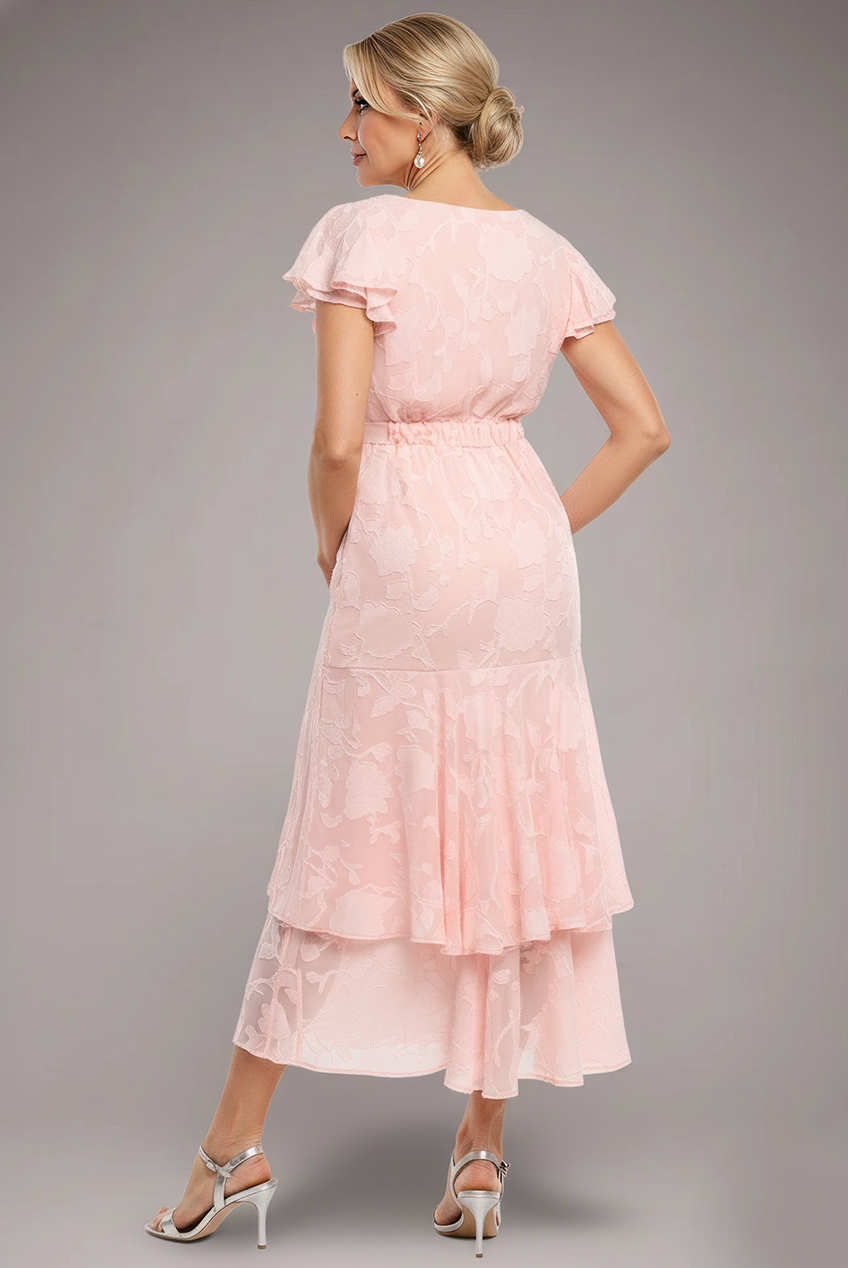 Jacquard Chiffon Wrap High Low Midaxi Dress - Pink DR4552M