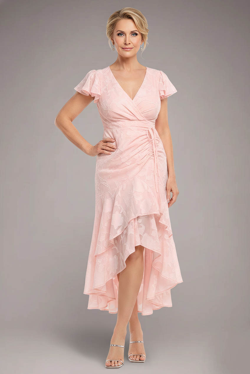 Jacquard Chiffon Wrap High Low Midaxi Dress - Pink DR4552M
