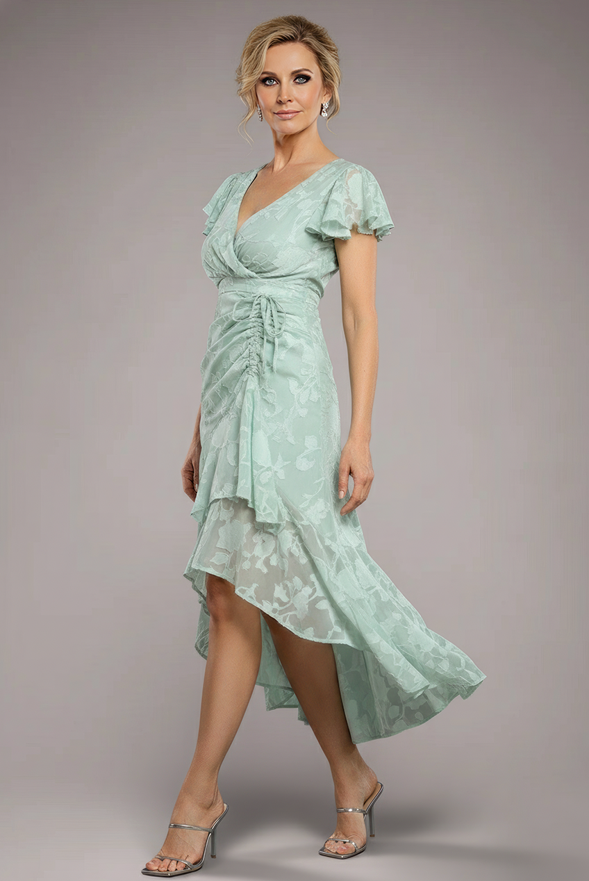 Jacquard Chiffon Wrap High Low Midaxi Dress - SageGreen DR4552M