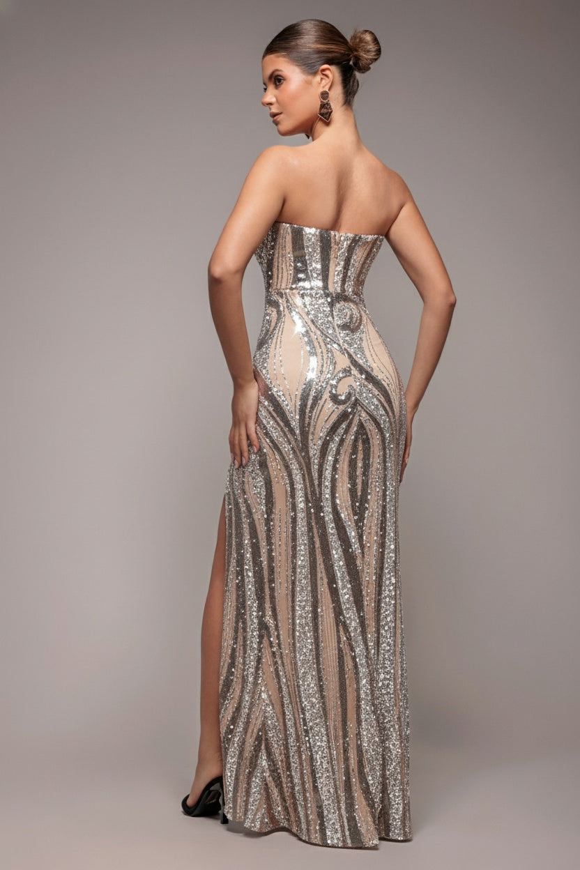 Strapless Multi Sequin Maxi Dress - Champagne DR4566