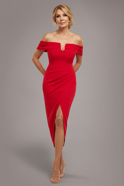 Off The Shoulder Chiffon Wing Scuba Crepe Midi Dress - Red by Goddiva